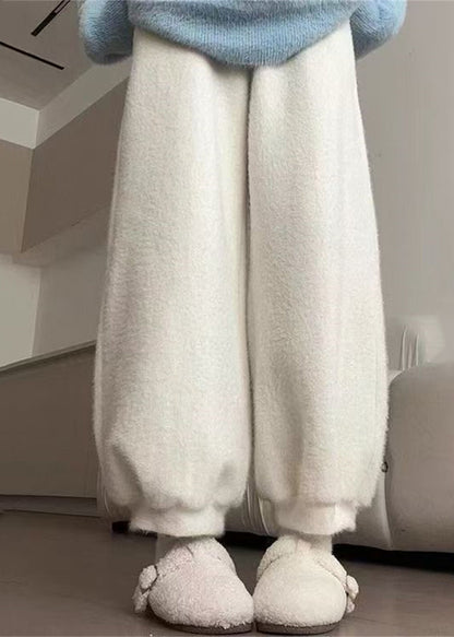 Simple White Pockets Mink Hair Knitted Lantern Crop Pants Winter