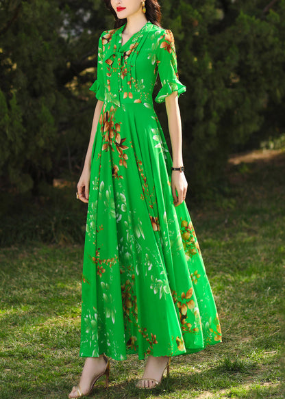 Green Ruffled Print Chiffon Maxi Dresses Summer