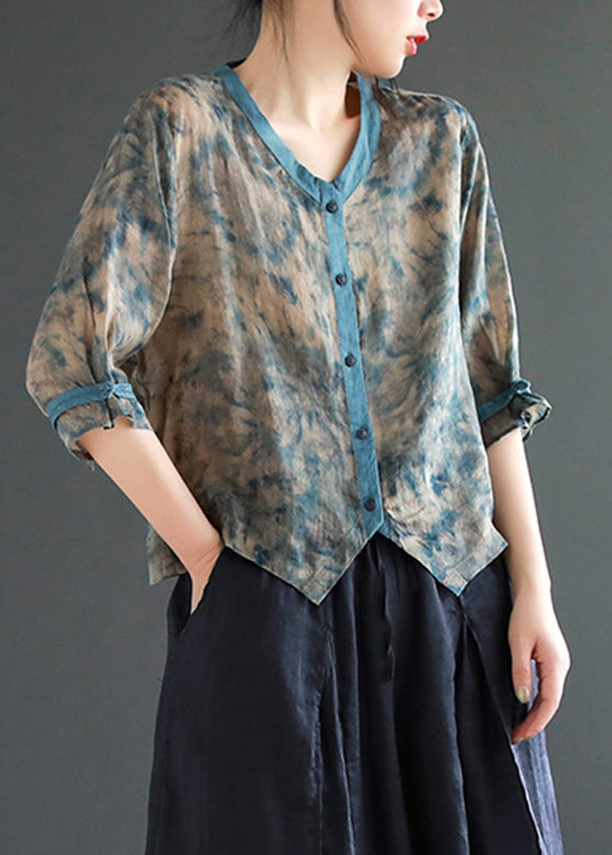 Grey Print Button Ramie Tops Half Sleeve