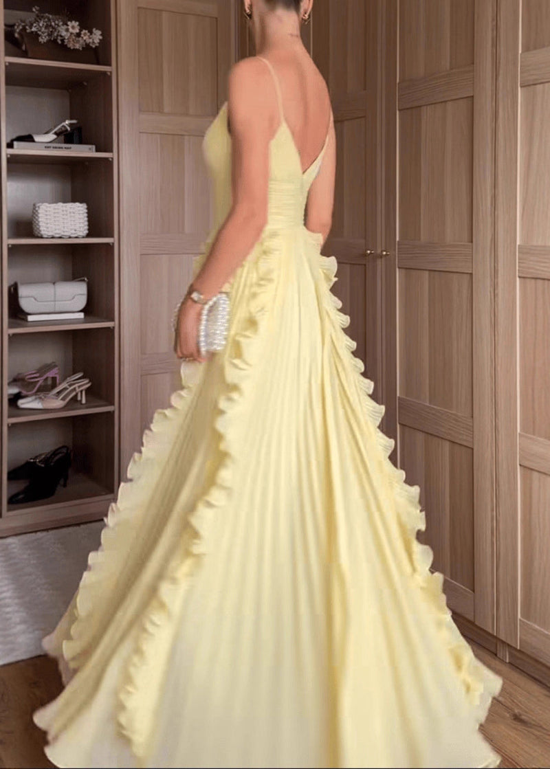 Classy Yellow V Neck Ruffled High Waist Chiffon Spaghetti Strap Dress Sleeveless