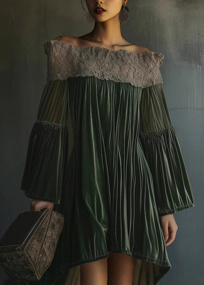 Stylish Green Slash Neck Lace Wrinkled Patchwork Velvet Dress Fall