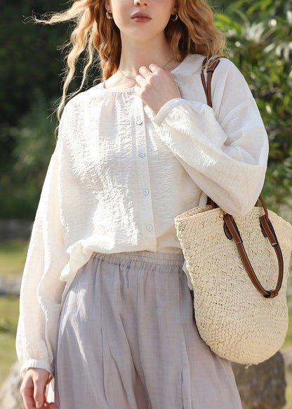 French White O Neck Button Cotton Shirts Top Lantern Sleeve