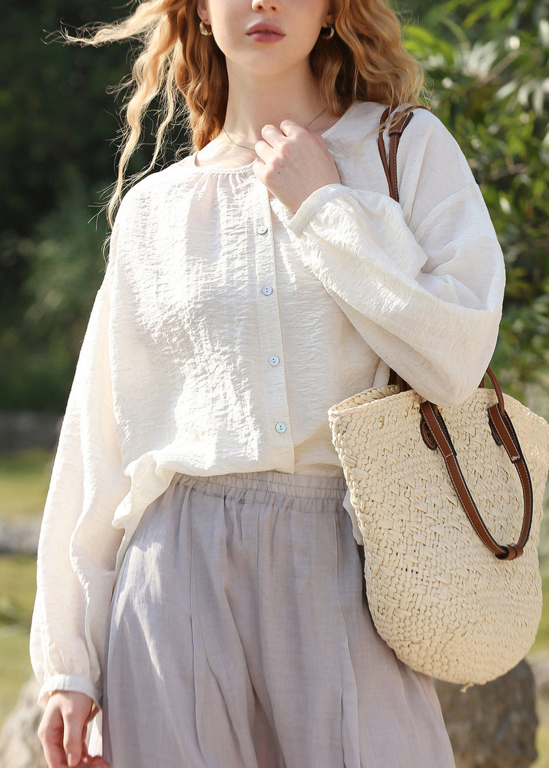 French White O Neck Button Cotton Shirts Top Lantern Sleeve