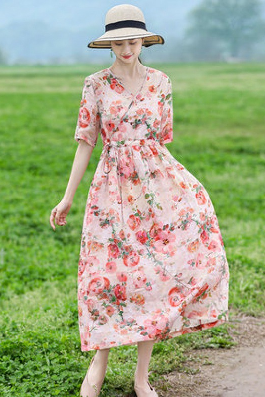 -summer Loose Ramie Maxi Dress Printed Short Sleeve Dress