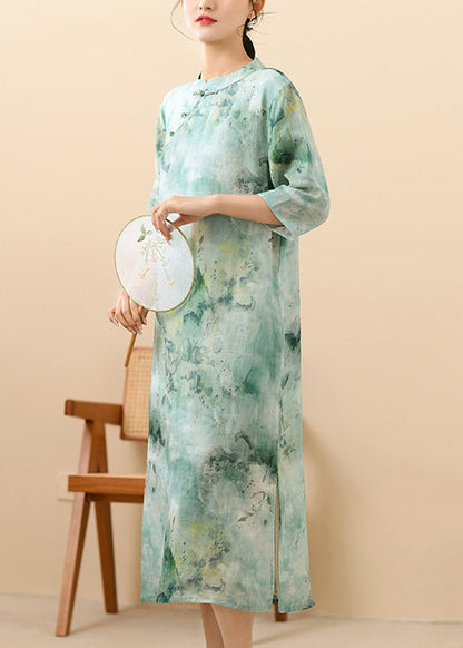 Chinese Style Orange Stand Collar Print Linen Long Dress Summer