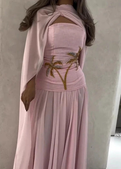 Pink Nail Bead Shawl Long Dress Batwin Sleeve