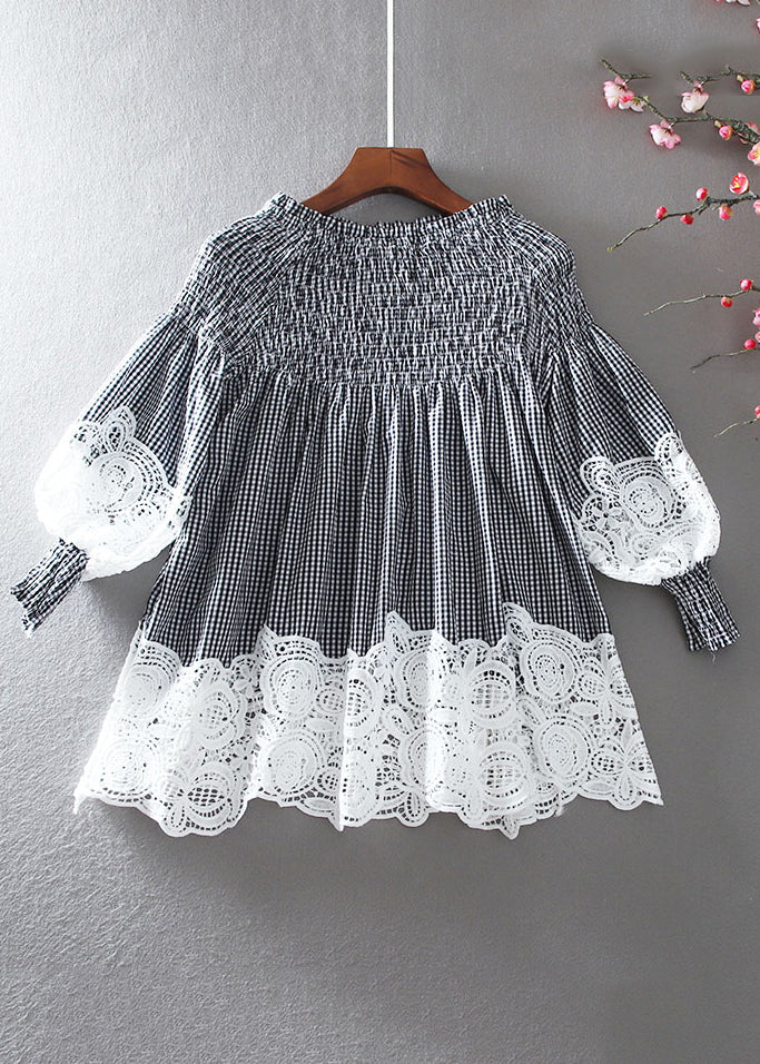 French White O-neck Wrinkled Patchwork Hollow Out Shirt Long Sleeve