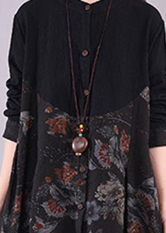 Handmade Black O-neck Print Patchwork Maxi Dress Long Sleeve