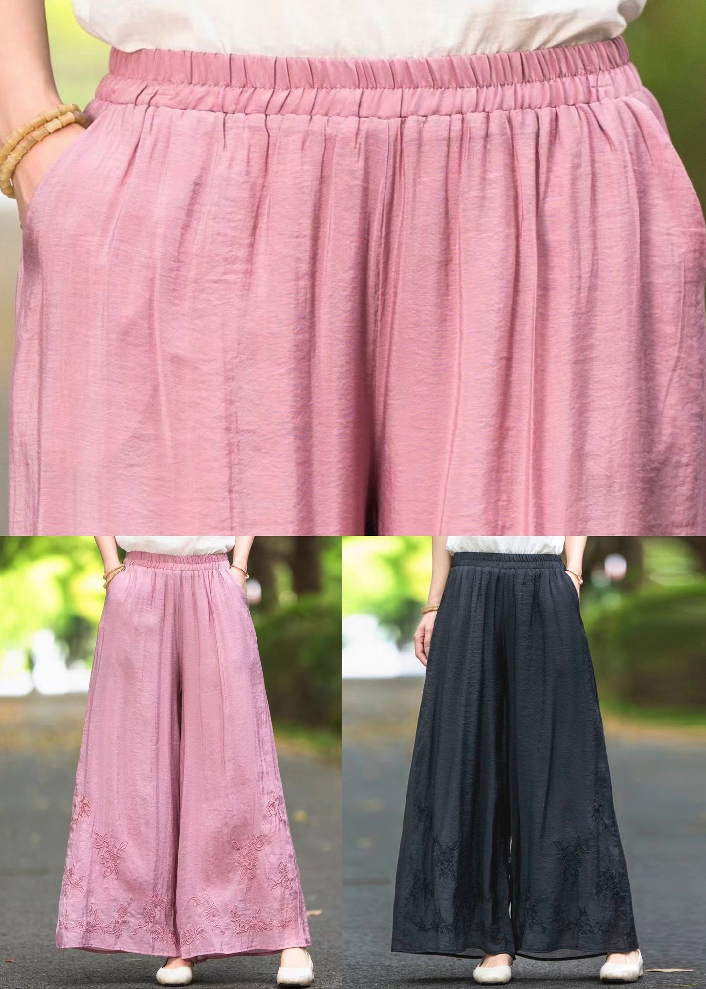 Black Pockets Elastic Waist Silk Summer Pants Embroidered