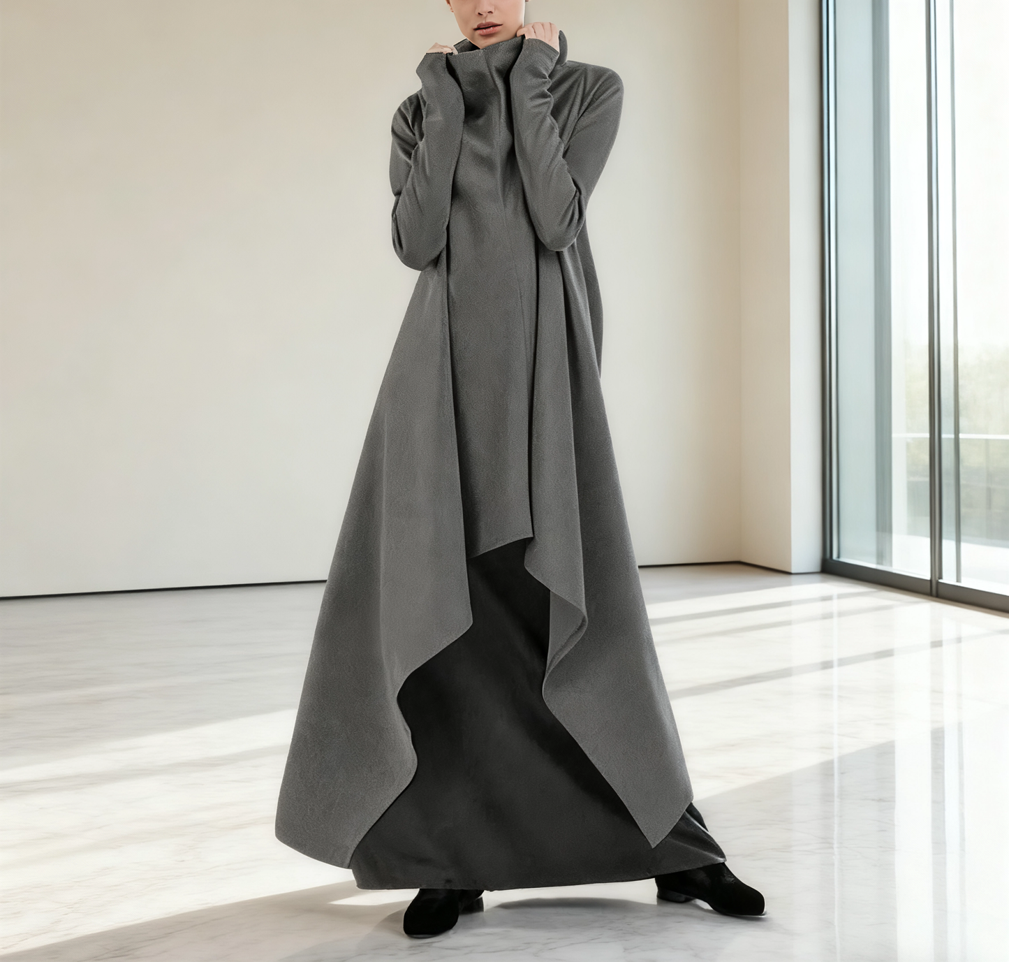 Style Grey Hign Neck Asymmetrical Design Cotton Dress Spring