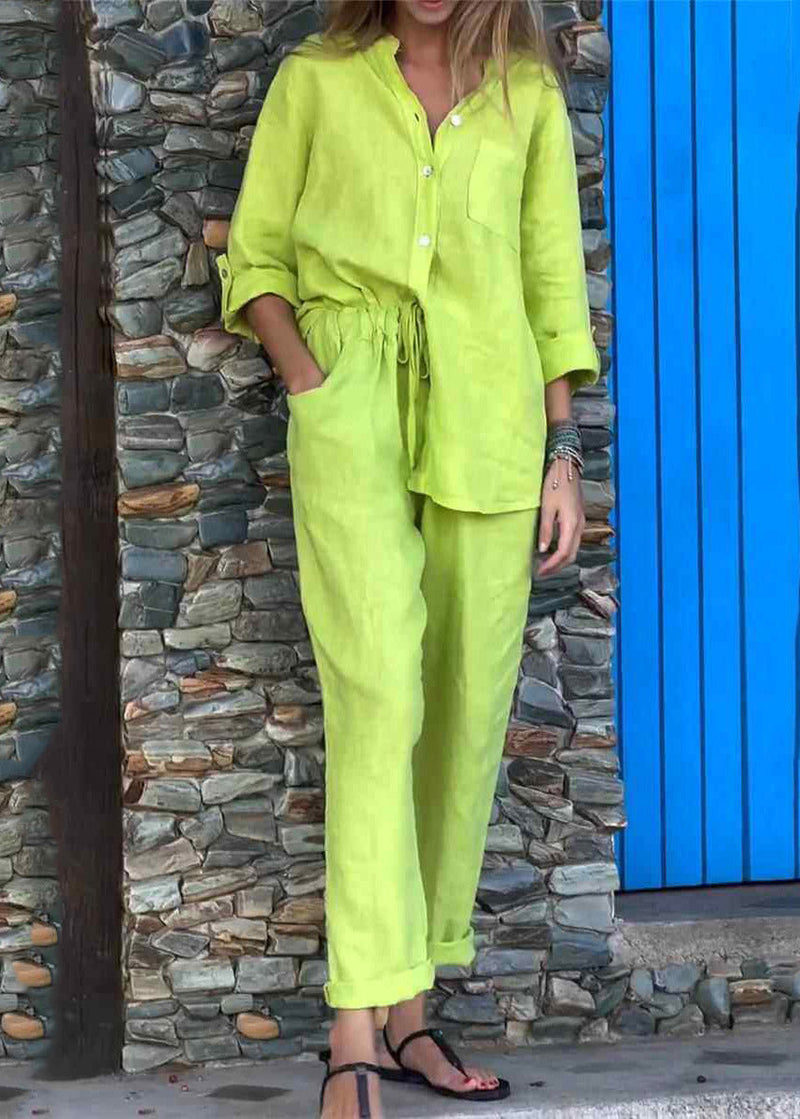 Italian Light Green Peter Pan Collar Patchwork Shirts and Crop Pants Two Pieces Set Fall