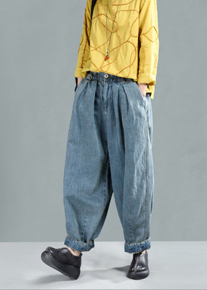 Light Blue Pockets Elastic Waist Denim Lantern Pants Spring