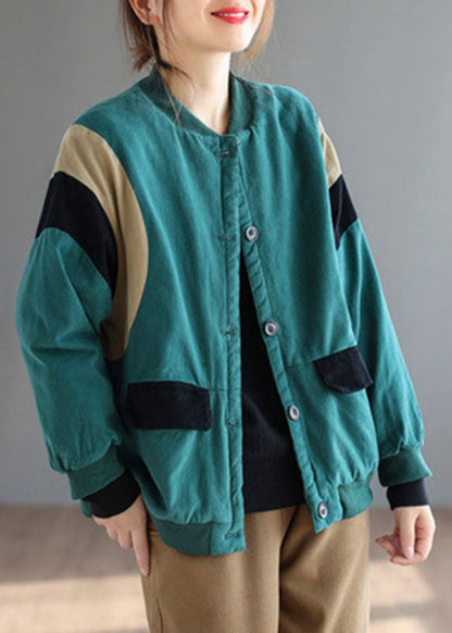Khaki Pockets Button Patchwork Loose Winter Thick Jacket