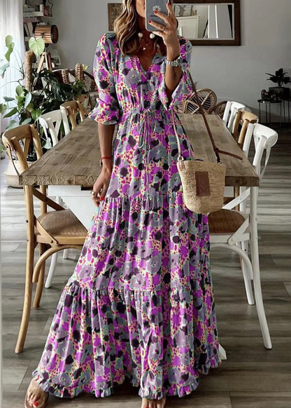 Loose Orange Ruffled Print Patchwork Cotton Long Dress Summer