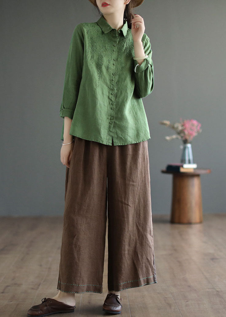Green Oversized Linen Top Peter Pan Collar Embroidered Spring