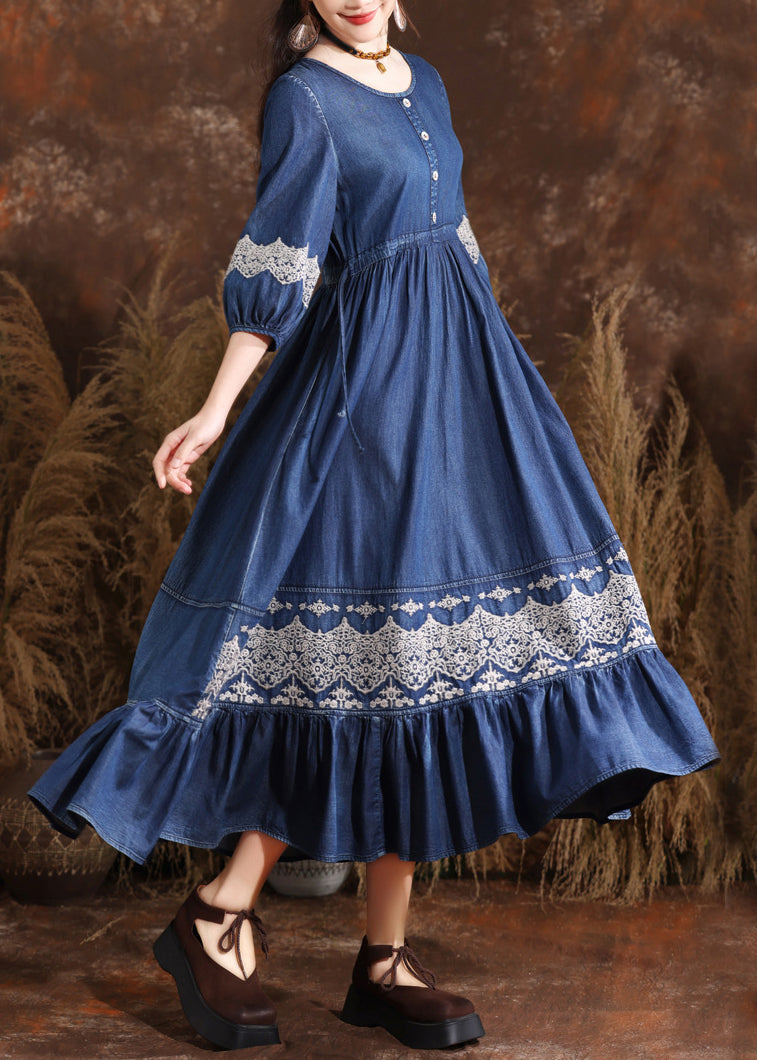 Organic Navy O-neck Wrinkled Elastic Waist Long Denim Dresses Bracelet Sleeve