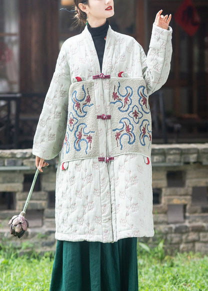 Fitted Light Green Embroidered Patchwork Fine Cotton Filled Puffers Jackets Winter