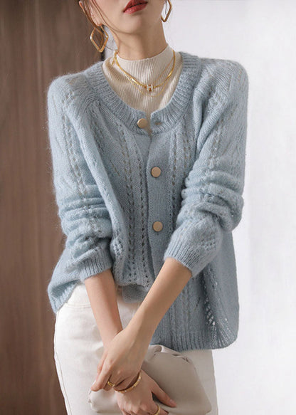 Light Blue O-neck Hollow Out Ma Hai Mao Knit Cardigan Spring