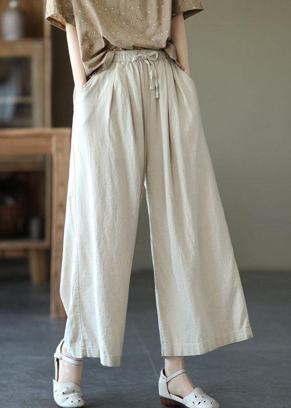 Beige Elastic Waist Tie Waist Wide Leg Pants Linen