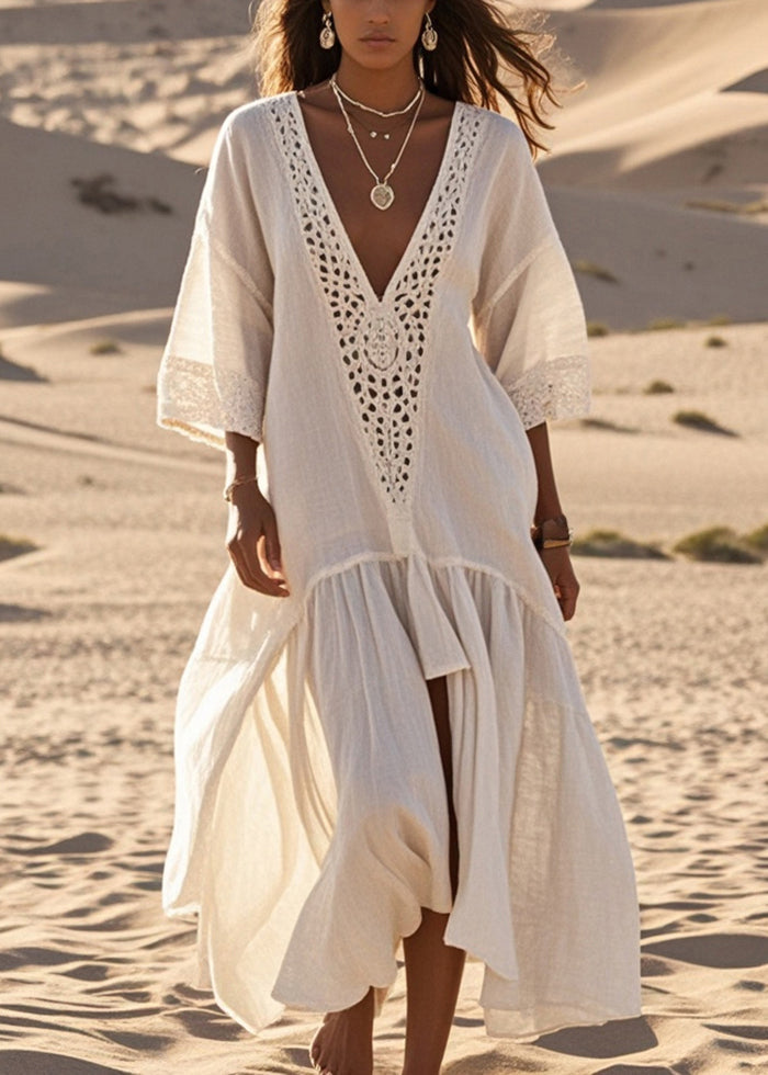 White Oversized Lace Patchwork Cotton Long Dresses Summer