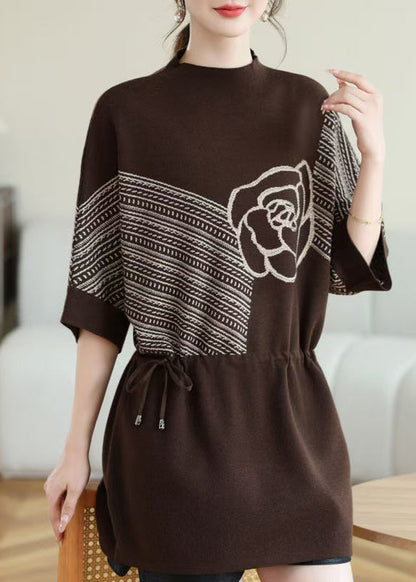 New Coffee O-neck Print Drawstring Knit Top Spring