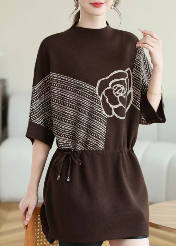 New Coffee O-neck Print Drawstring Knit Top Spring