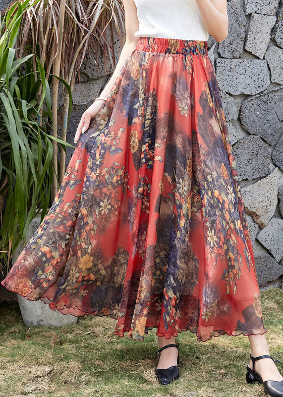 Navy Elastic Waist Print Exra Large Hem Chiffon a Line Skirt Summer