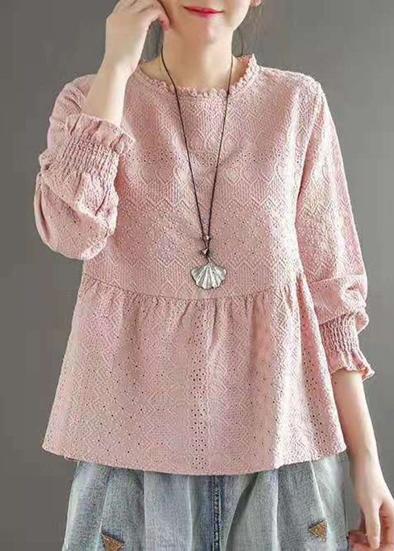 Handmade Pink O-neck Patchwork Jacquard Fall Top Long Sleeve
