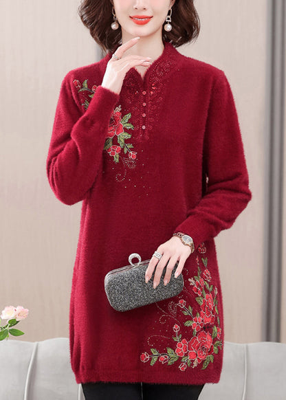 Red Cozy Mink Velvet Sweaters Embroidered Spring