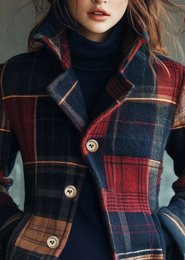 Stand Collar Pockets Button Plaid Woolen Coats Fall