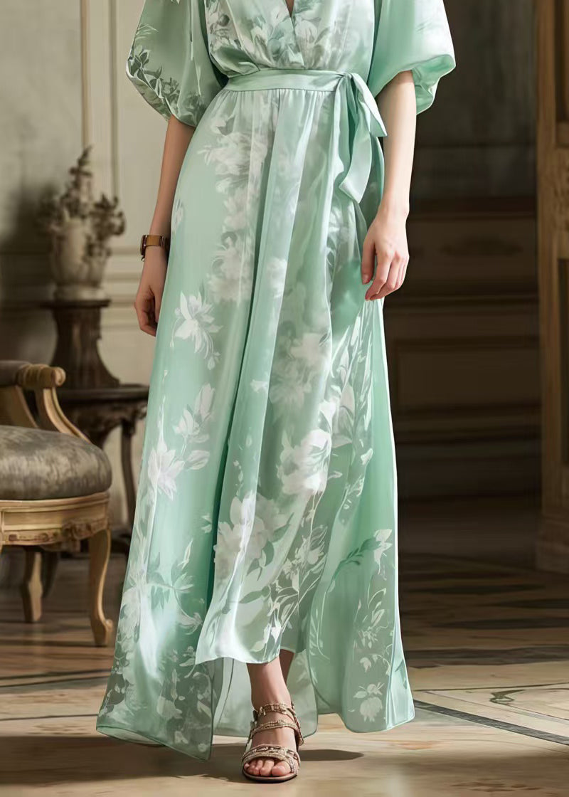 Light Green Tie Waist Print Silk Long Dress Summer