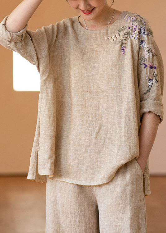 O-neck Embroidered Linen Shirt Top Long Sleeve
