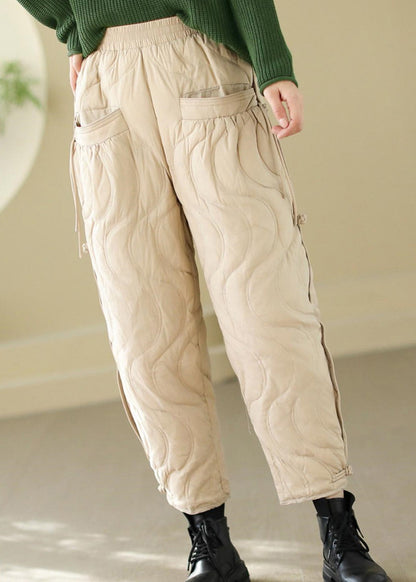 Loose Black Pockets Elastic Waist Thick Warm Pants Winter