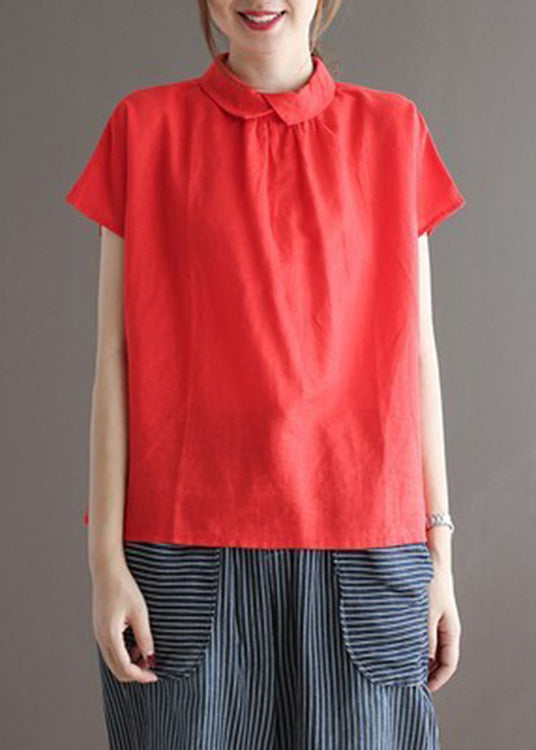 Simple White Peter Pan Collar Button Ramie Top Short Sleeve