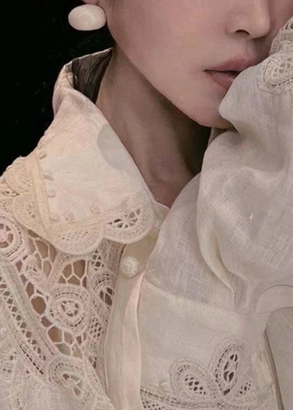 White Peter Pan Collar Hollow Out Button Top Lantern Sleeve