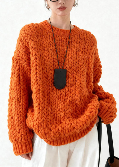 Orange Oversized Cable Knit Sweater Tops Winter