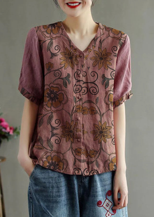Loose Pink-ink Flowers V Neck Embroidered Summer Linen Shirt