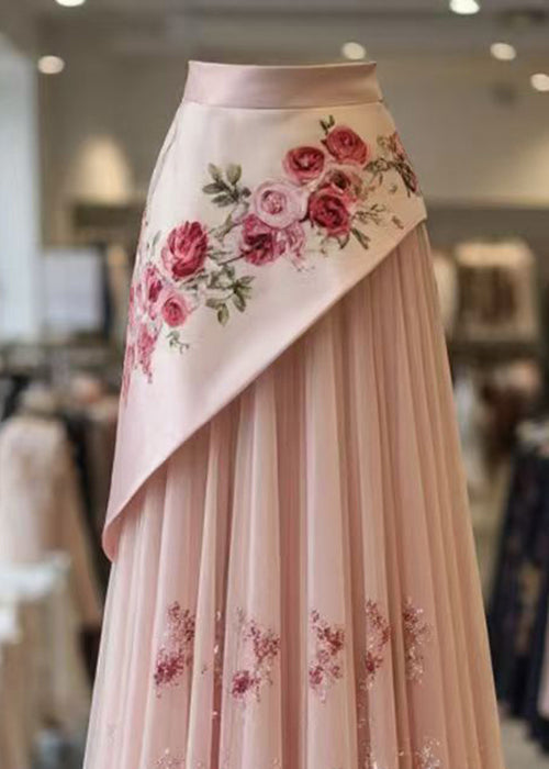 Pink Print Wrinkled Tulle Patchwork Skirt Summer