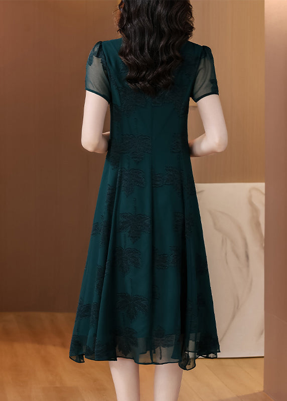 Blackish Green V Neck Embroidered Chiffon Long Dress Summer