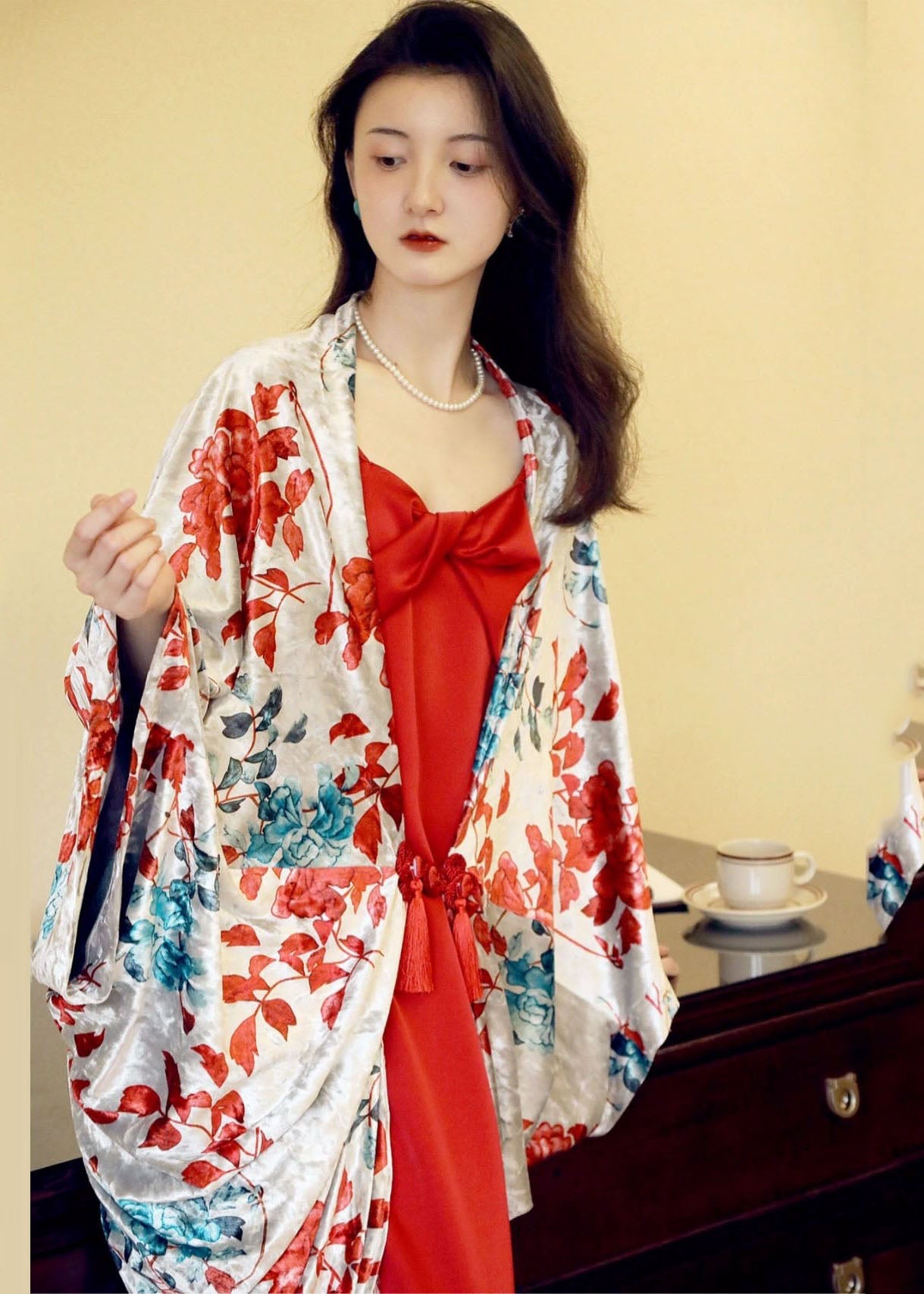 Red Print Cardigans and Slip Dress Two Pieces Set Fall