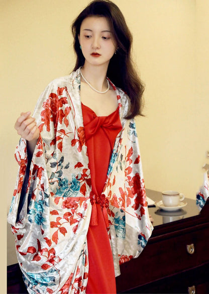 Red Print Cardigans and Slip Dress Two Pieces Set Fall