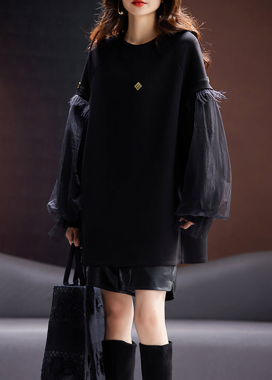 Black O Neck Tulle Patchwork Cotton Sweatshirts Top Fall