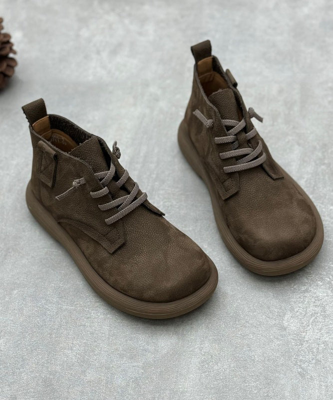Grey Comfortable Cowhide Leather Splicing Lace Up Boots
