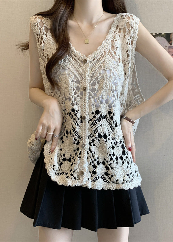 Apricot V Neck Hollow Out Knit Vest Sleeveless