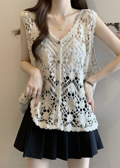 Apricot V Neck Hollow Out Knit Vest Sleeveless