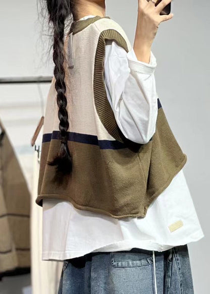 Beige O Neck Patchwork Cotton Knit Waistcoat Sleeveless