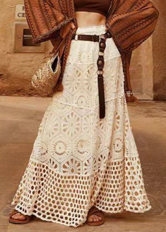 Original Design Beige Elastic Waist Lace Patchwork a Line Skirt