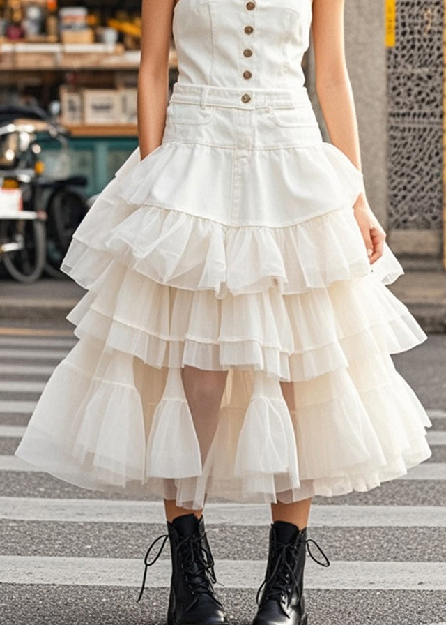 White Layered Tulle Patchwork Denim Dress Summer