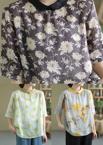 Yellow Peter Pan Collar Print Patchwork Linen Top Summer