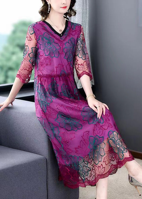 Stylish Purple Embroidered Tulle Maxi Dress Summer